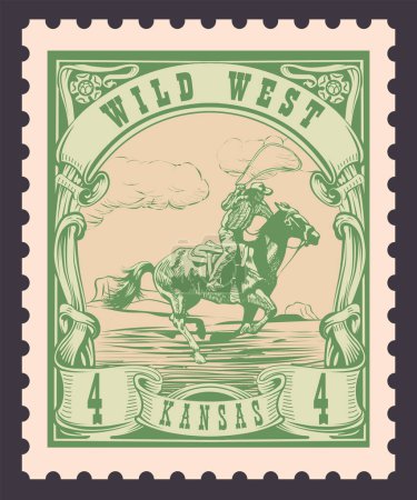 Ilustración de Vector image of a cowboy on a horse in the form of a postage stamp with the inscription Kansas - Imagen libre de derechos