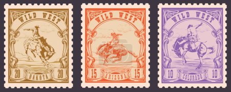 Ilustración de Vector image of a cowboy on a horse in the form of a postage stamp printing on paper and t-shirt - Imagen libre de derechos