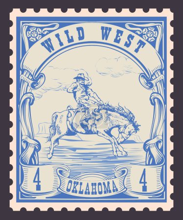Ilustración de Vector image of a cowboy on a horse in the form of a postage stamp with the inscription Oklahoma - Imagen libre de derechos