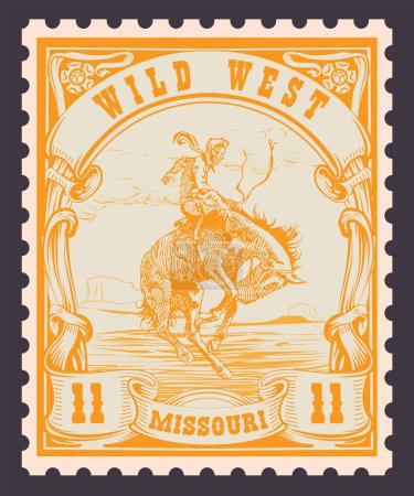 Ilustración de Vector image of a cowboy on a horse in the form of a postage stamp with the inscription Missouri - Imagen libre de derechos
