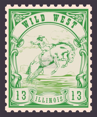 Ilustración de Vector image of a cowboy on a horse in the form of a postage stamp with the inscription Illinois - Imagen libre de derechos