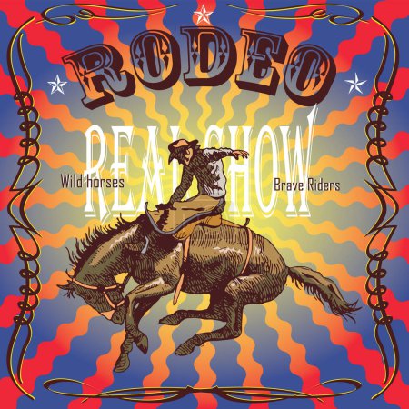 Ilustración de Vector banner poster with a cowboy rider sitting on a wild horse mustang and the inscription rodeo on the background of wooden boards in retro style - Imagen libre de derechos
