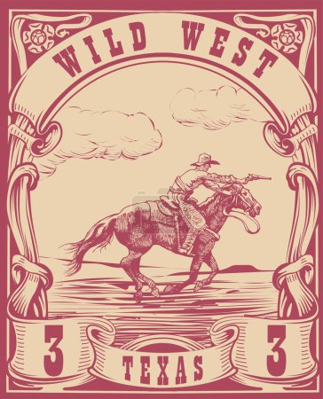 Téléchargez les illustrations : Image vectorielle d'un cow-boy sur un cheval avec un lasso en forme de timbre-poste avec l'inscription Texas - en licence libre de droit