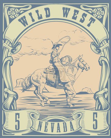 Ilustración de Vector image of a cowboy on a horse with a lasso in the form of a postage stamp with the inscription Nevada - Imagen libre de derechos