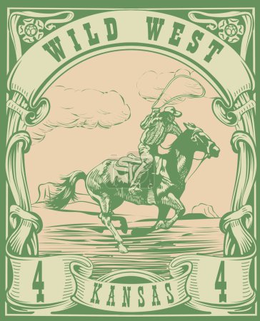 Ilustración de Vector image of a cowboy on a horse with a lasso in the form of a postage stamp with the inscription Kansas - Imagen libre de derechos