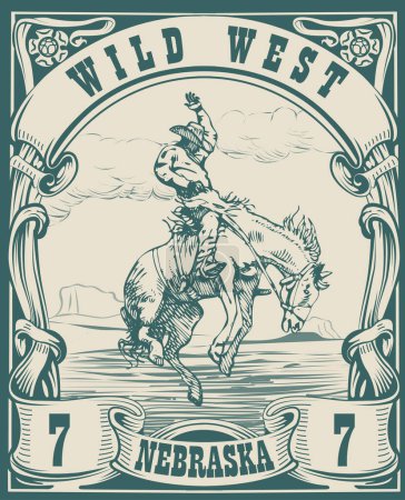 Ilustración de Vector image of a cowboy on a horse with a lasso in the form of a postage stamp with the inscription Nebraska - Imagen libre de derechos
