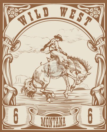 Ilustración de Vector image of a cowboy on a horse in the form of a postage stamp with the inscription Montana - Imagen libre de derechos