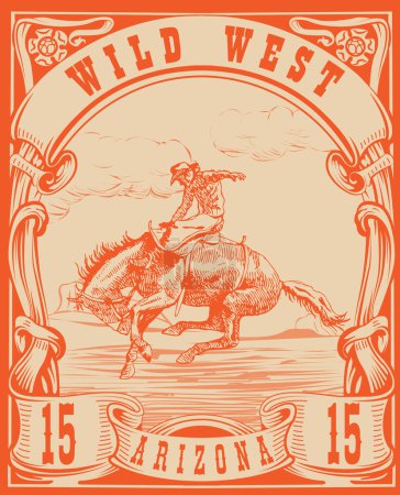 Ilustración de Vector image of a cowboy on a horse in the form of a postage stamp with the inscription Arizona - Imagen libre de derechos
