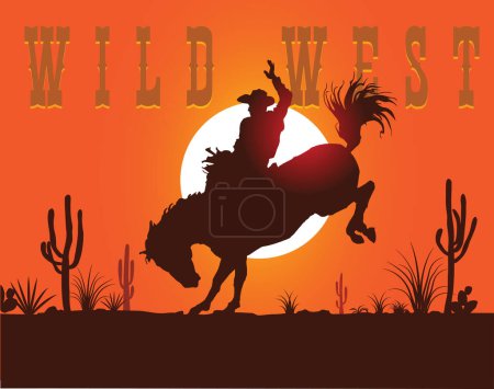 Ilustración de VECTOR IMAGE OF A COWBOY ON A HORSE ON A SUNSET BACKGROUND - Imagen libre de derechos