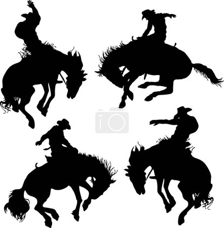 Ilustración de Vector image of a set of silhouettes of cowboys on a wild horse mustang rodeo america - Imagen libre de derechos