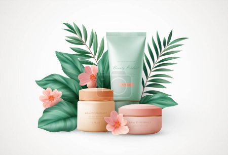Ilustración de 3d realistic scene of Cosmetic Products and Tropical Palm Leaves. Web Site Design, Cosmetics Store Page Landing. Vector illustration EPS10 - Imagen libre de derechos