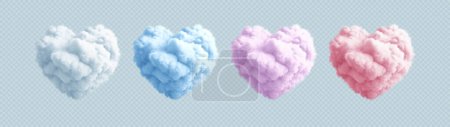 Set of Fluffy Heart Cloud. White, Blue, Pink and Purple Color. Concept Design for Valentines Day Postcard, Banner, Leaflets. Realistic 3d Render. Vector Illustration EPS10