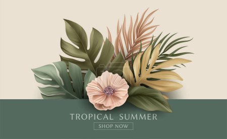 Illustration for Summer Tropical Palm Leaves. Design of Summer Flyer, Website, Banner, Landing Page. Palm, Monster, Banana Leaf. Vector Illustration EPS10 - Royalty Free Image