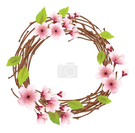 Photo for Easter Holiday Wreath Nest Eggs with Cherry Blossom Flower. Vector Illustration - Royalty Free Image