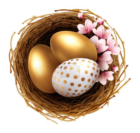 Photo for Easter Holiday Wreath Nest Eggs with Cherry Blossom Flower. Vector Illustration - Royalty Free Image