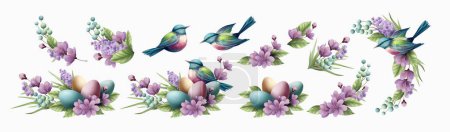 Photo for Happy Easter Greeting Card Element Set. Wreath, nest, birds and Easter Eggs. Realistic Vintage Botanical Illustration. Holiday Greeting Design for Postcard. Vector Illustration - Royalty Free Image