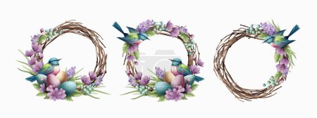 Photo for Happy Easter Greeting Card Element Set. Wreath, nest, birds and Easter Eggs. Realistic Vintage Botanical Illustration. Holiday Greeting Design for Postcard. Vector Illustration - Royalty Free Image