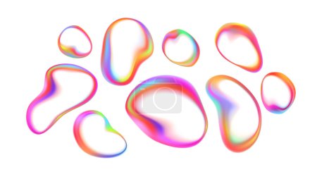 Téléchargez les illustrations : Gouttes transparentes colorées dans l'arc-en-ciel irisé. Éclaboussure d'eau liquide avec effet de savon à bulles holographique. Illustration vectorielle - en licence libre de droit