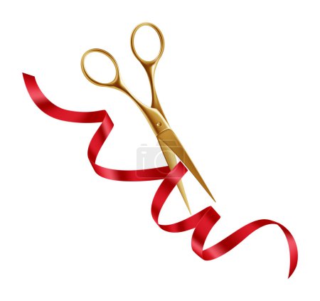 Photo for Golden Scissors and Red Ribbon. Grand Opening Ceremony. Vector illustration - Royalty Free Image