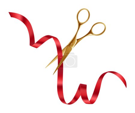 Photo for Shiny Gold Scissors, Red Ribbon. Festive Opening Event. Vector illustration - Royalty Free Image
