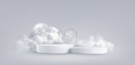 Photo for 3d realistic mockup product podium display and fluffy clouds. Podium and white cloud isolated on gray background. Vector Illustration - Royalty Free Image