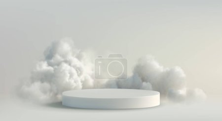 Ilustración de Nubes esponjosas y 3D Realistic Podium Display. Nube blanca sobre fondo gris. Ilustración vectorial - Imagen libre de derechos