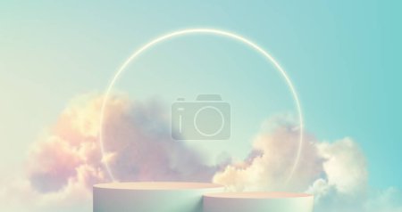Téléchargez les illustrations : Les nuages moelleux transparents forment une scène réaliste de podium de produits, sur un fond doux de couleur pastel. Illustration vectorielle - en licence libre de droit