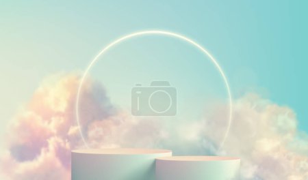 Photo for Transparent fluffy clouds form a realistic product podium stage, set against a soft pastel-colored background. Vector Illustration - Royalty Free Image