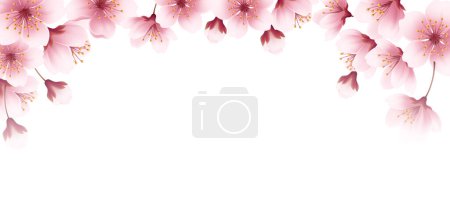 Illustration for Floral Spring Cherry Flowers Blossom Border. Realistic banner with pink blossom background on soft light background for wallpaper design. Vector illustration - Royalty Free Image