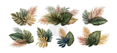 Modern Green and Gold Palm Leaves set on transparent background. Abstract tropic for banners. Bright tropical background with jungle plants exotic pattern. Vector Illustration