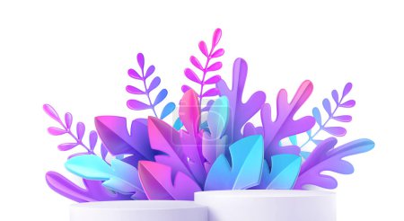 Ilustración de Podio realista con hojas tropicales fantásticas de color rosa y morado aisladas sobre fondo transparente. Expositor para su producto. Ilustración vectorial 3D - Imagen libre de derechos