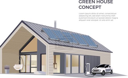 Modernes Öko-Privathaus mit Sonnenkollektoren, Elektroauto in der Nähe von Ladestationen, Erneuerbare Energien. Umweltfreundliches modernes Haus. Flache Isometrische Vektorabbildung.