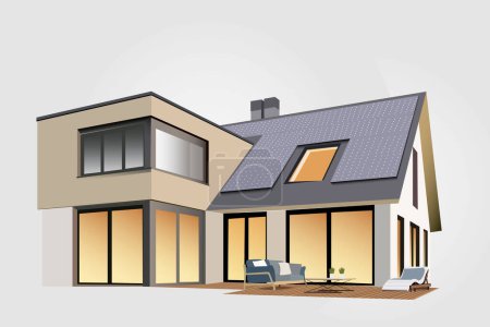 Smart Technology with Renewable Energy. Solar Panels Connected to Smart House. Sustainability and Eco Energy. Modern isometric house. Flat Vector Illustration.