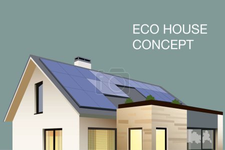 Illustration for Eco house concept. Modern villa with solar pannel. Sustainable housing. Smart home front view. Save environment ecology vector concept. - Royalty Free Image