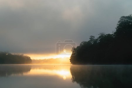 Sunrise with sunbeams in the fog at Kinabatangan River in Sukau, Sabah, Borneo, Malaysia