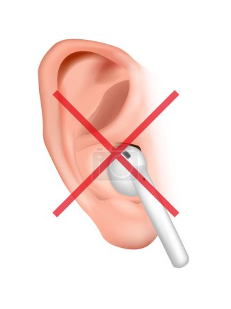 Illustration for HearinHearing damage. Loud sound from vacuum headphones damage the inner ear. Forbidden signg damage. Loud sound from vacuum headphones damage the inner ear. Forbidden sign - Royalty Free Image