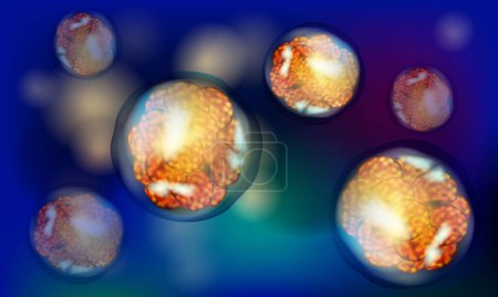 Illustration for Cell stem science banner isolated on blue background. Vector medical microscopic molecular conception. Immunotherapy - Royalty Free Image
