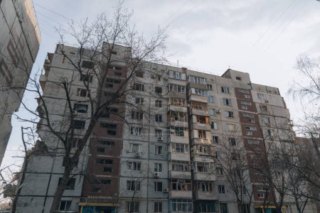Photo for A strike on a high-rise building in the city of Zaporozhye, Ukraine. A residential building destroyed by an explosion following a Russian missile attack. Consequences of the explosion. Houses in the city during the war. - Royalty Free Image