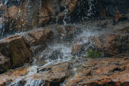 Photo for Waterfall Loud threshold on the slope of the Monastery Island in the Dnieper, Ukraine. Artificial decorative waterfall. - Royalty Free Image