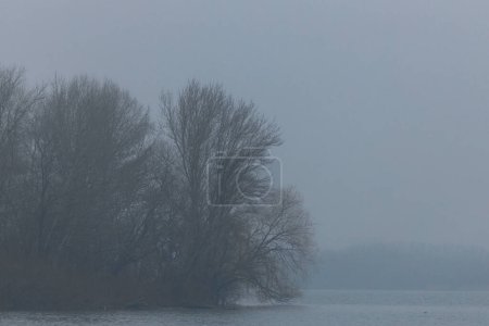 Photo for In the morning there is thick fog, due to which the city of Dnieper cannot be seen clearly. Heavy haze and poor visibility outside. Horror. Horror. Silhouette of a building in thick fog.  Dnipro city. - Royalty Free Image
