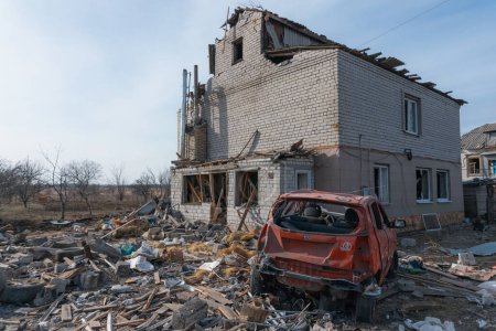 Photo for Consequences of a rocket explosion on a private house. War in Ukraine. Remains of a private house in the city of Dnipro. Consequences of shelling of peaceful Ukrainian cities by the Russian army. - Royalty Free Image