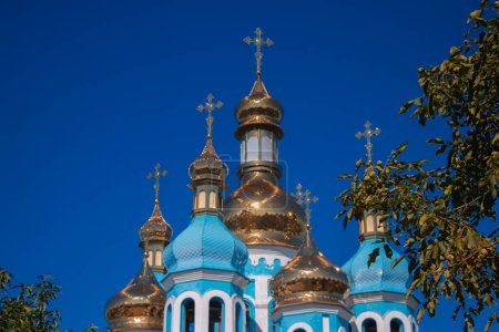 Holy Intercession Church is an Orthodox church in the village of Odinkovka, which is part of the Dnieper, Ukraine. Blue Church. Orthodox religion.