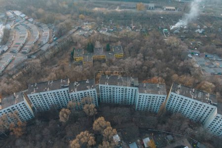 Drone view of a destroyed abandoned building from above. Abandoned city. City of ghosts. Dnepr city, Ukraine