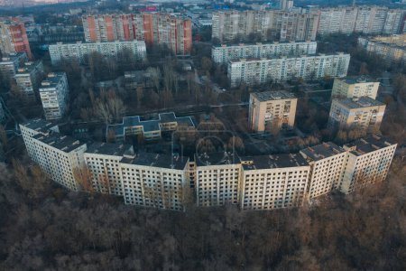 Drone view of a destroyed abandoned building from above. Abandoned city. City of ghosts. Dnepr city, Ukraine