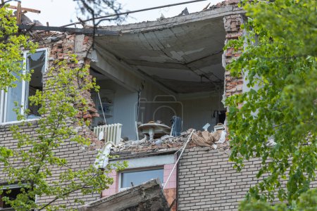 A Russian missile hit a residential building in the city of Dnepr, Ukraine. Damaged apartment building after a massive missile attack on 04/19/24. Scars of war. Consequences of the attack
