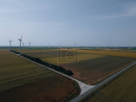 Wind power plant on a green field. Clean energy future. Photography from above. Energy in Ukraine.