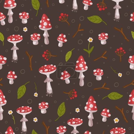 A fly swatter pattern on a brown background. Vector illustration of a print of poisonous mushrooms. Dangerous red and white mushrooms. Fly agaric mushrooms. 