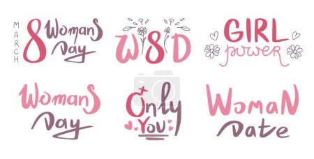 Ilustración de Vector set of calligraphy lettering for Women's Day. - Imagen libre de derechos