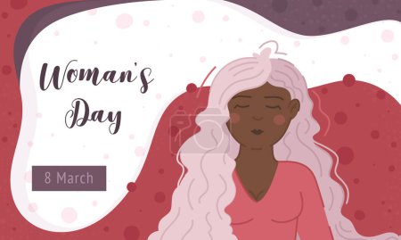 Illustration for Bright Women's Day Banner. Vector illustration of March 8. Greeting card for women's day with a girl. - Royalty Free Image