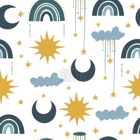 Illustration for Seamless space pattern with sun, crescent, planets and stars on white background. Vector illustration of an astrological pattern. Mystical ornament of the sky. - Royalty Free Image